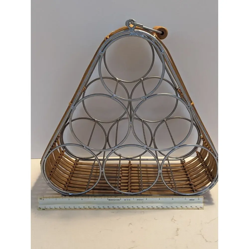 Wine Rack Wicker Bamboo Ratan Metal W/Handle Boho Modern Hippie Natural Earthy